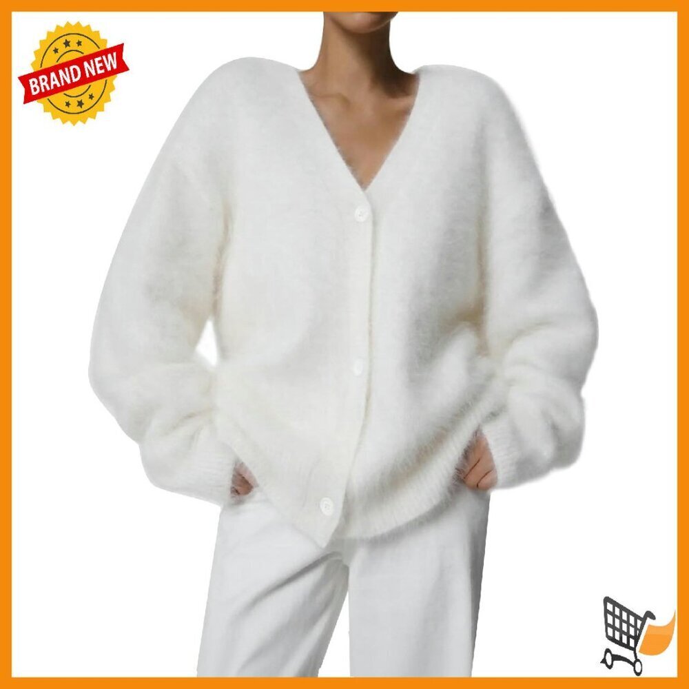 Fuzzy Mohair V-Neck Cardigan Sweater Slouchy Open Front Long Sleeve